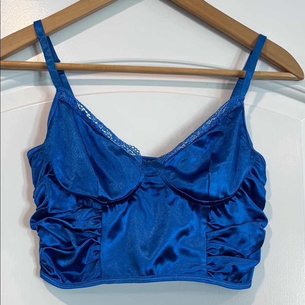 🔵 Blue Satin Lace Trim Bralette Size 6/Medium
